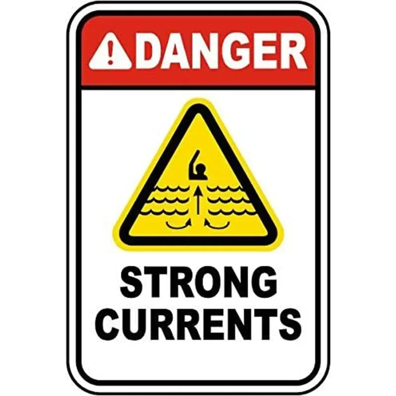 A vintage warning sign with a yellow triangle and text indicating danger and strong currents.