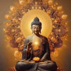 A statue of a Buddha with a glowing halo and lotus design, set against a golden floral background.