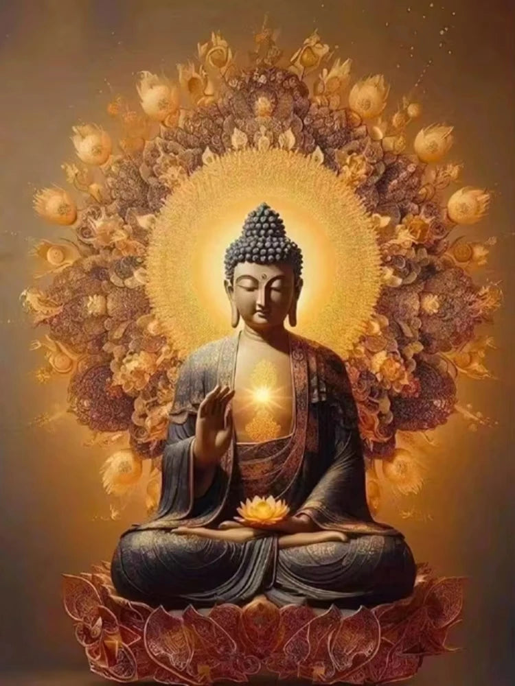 A statue of a Buddha with a glowing halo and lotus design, set against a golden floral background.