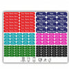 A grid of white name tags with customizable text fields and various product icons for waterproof name tags.