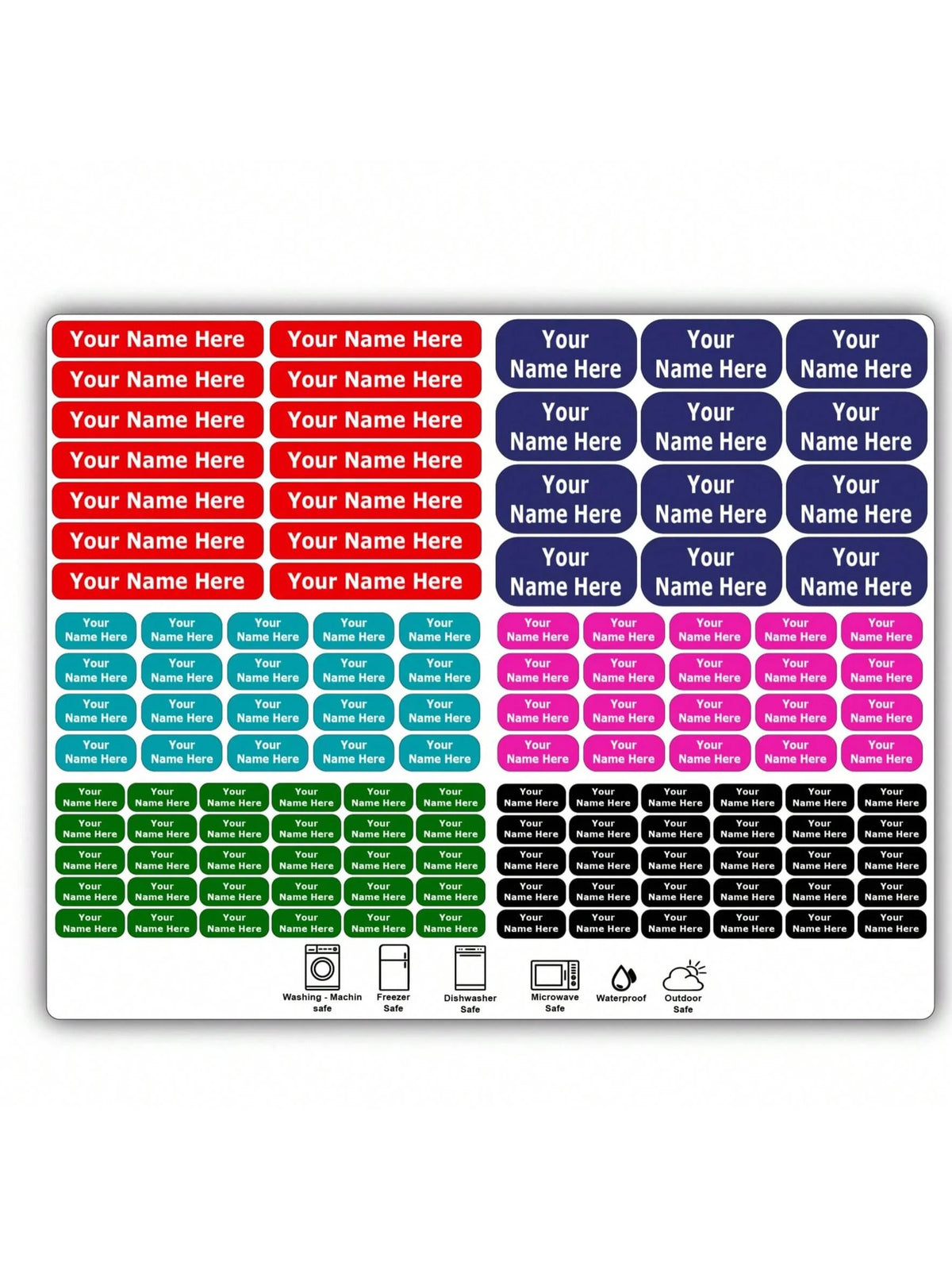 A grid of white name tags with customizable text fields and various product icons for waterproof name tags.