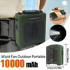 A portable waist fan in olive green is shown being used outdoors, highlighting its design and battery capacity.