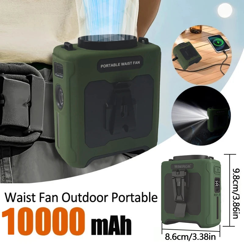 A portable waist fan in olive green is shown being used outdoors, highlighting its design and battery capacity.