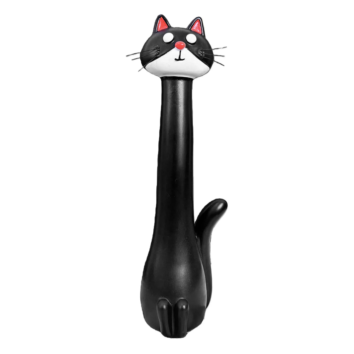 A black resin cat flower vase with a white face and pink accents.