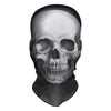 A realistic Halloween skeleton face mask made of breathable mesh with a black hood.