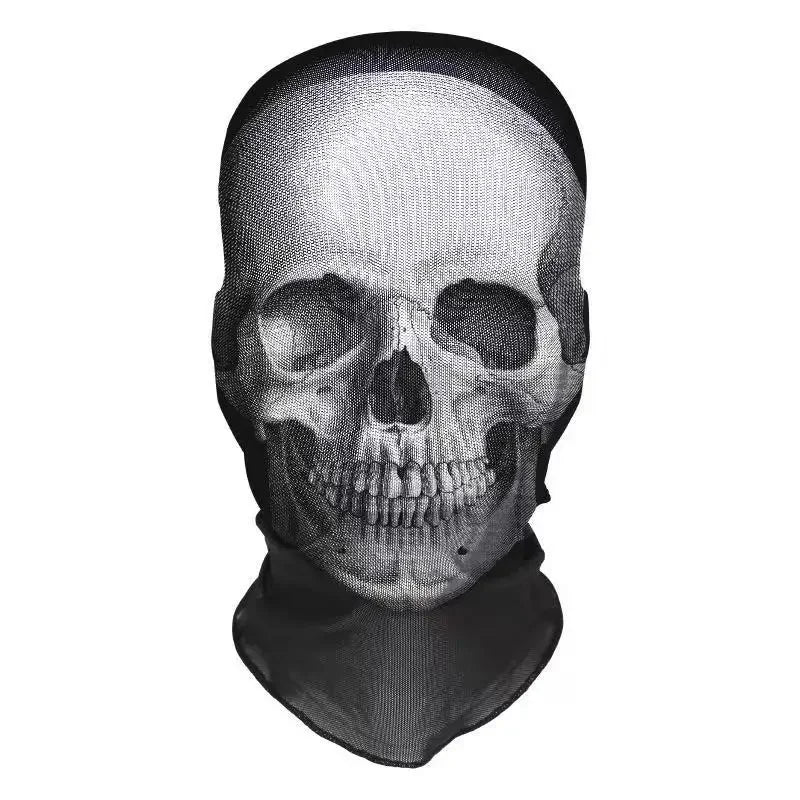 A realistic Halloween skeleton face mask made of breathable mesh with a black hood.