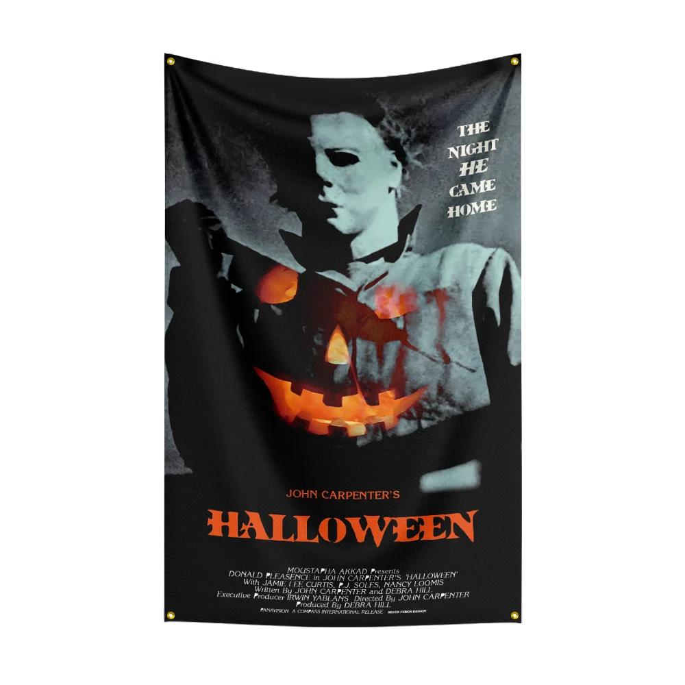 A black flag featuring a ghostly image of Michael Myers with glowing orange eyes and Halloween text.