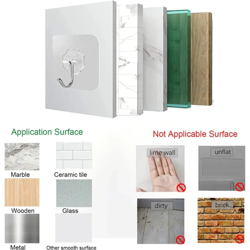 A set of heavy duty self-adhesive wall hooks in white and green for various surfaces.