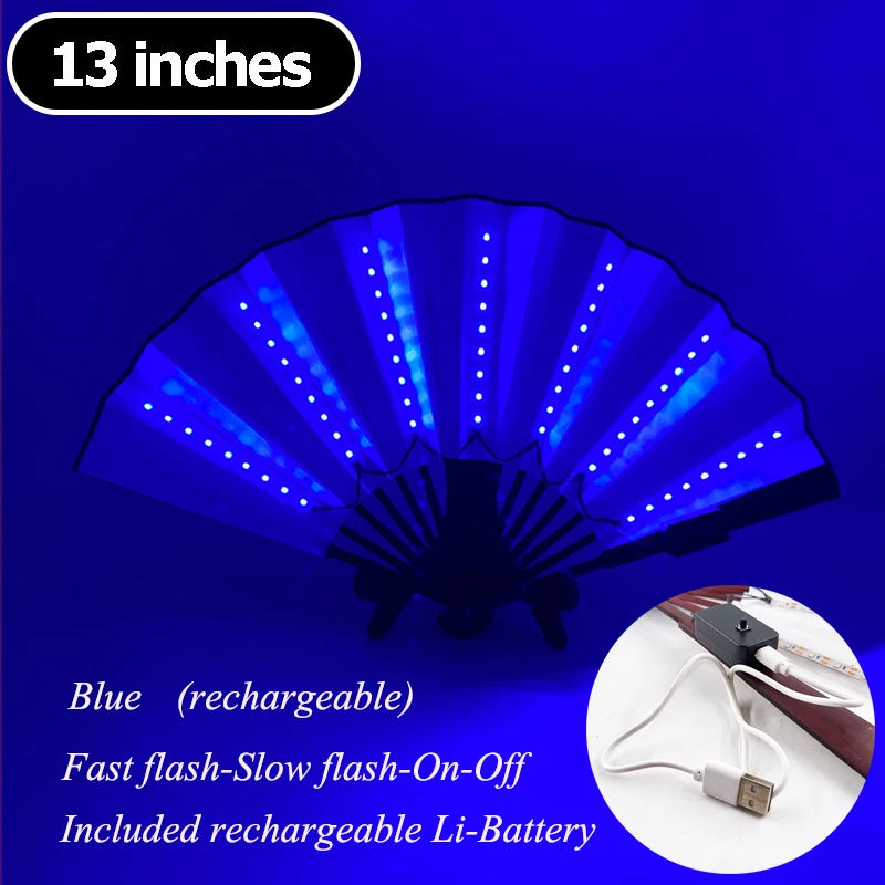 Blue rechargeable multi-mode LED party fan with a 13 inch fan blade and included battery