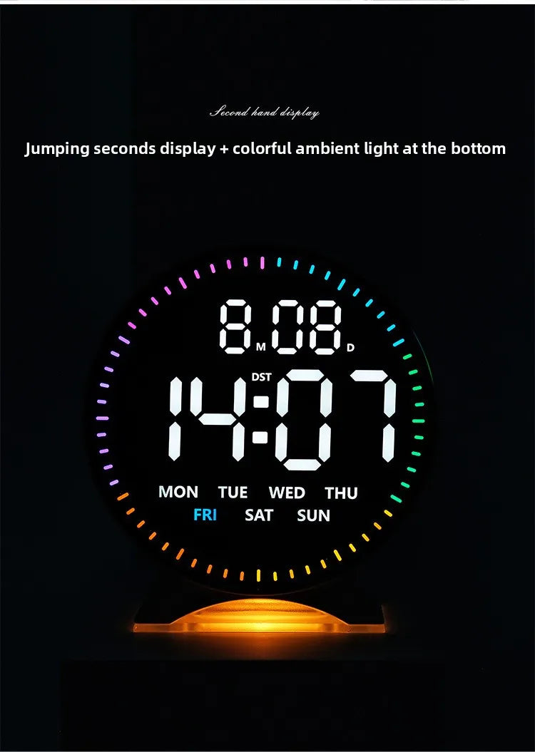 An LED ambient light alarm clock displaying 14:07 with a jumping seconds display and colorful light at the bottom.
