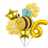 A set of six yellow and light green aluminum foil daisy balloons shaped like a bee and the number six for parties