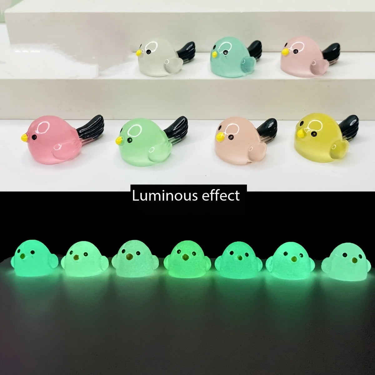 A set of nine small resin bird fairy garden decor pieces in various pastel colors like pink, green, and yellow, showing a lum
