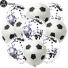 A pack of ten black and white soccer ball balloons for party decorations.