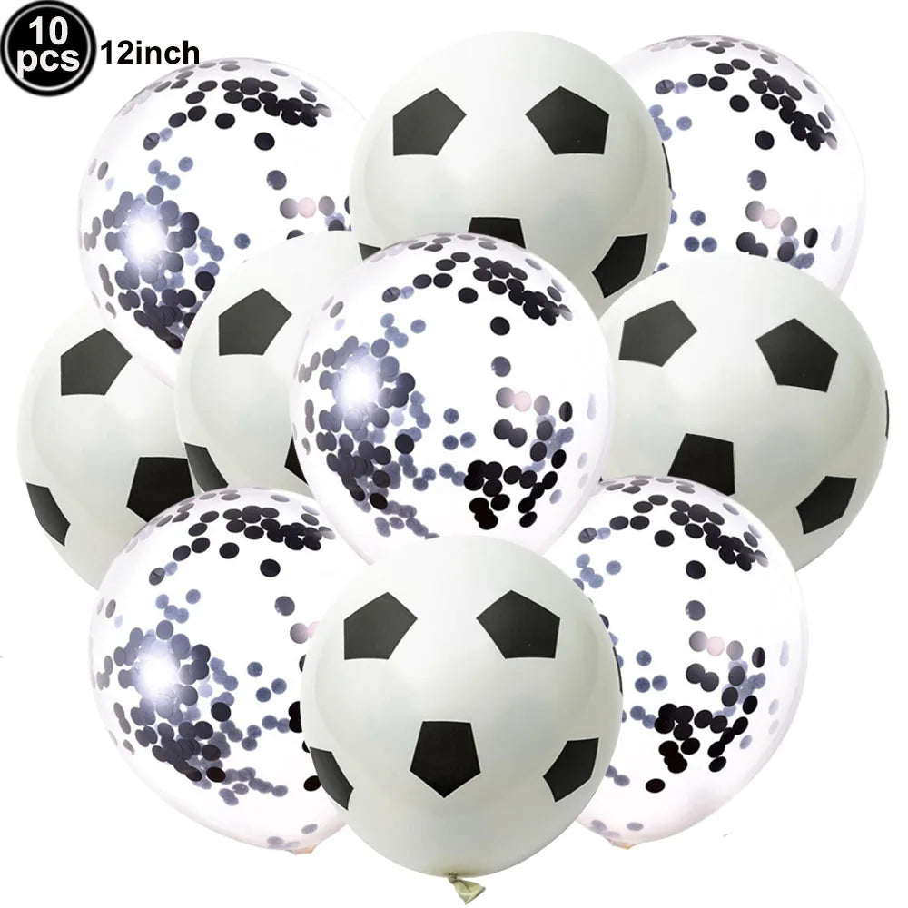 A pack of ten black and white soccer ball balloons for party decorations.