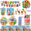 A set of building block birthday party decorations including banners, cupcake toppers, and themed tableware.