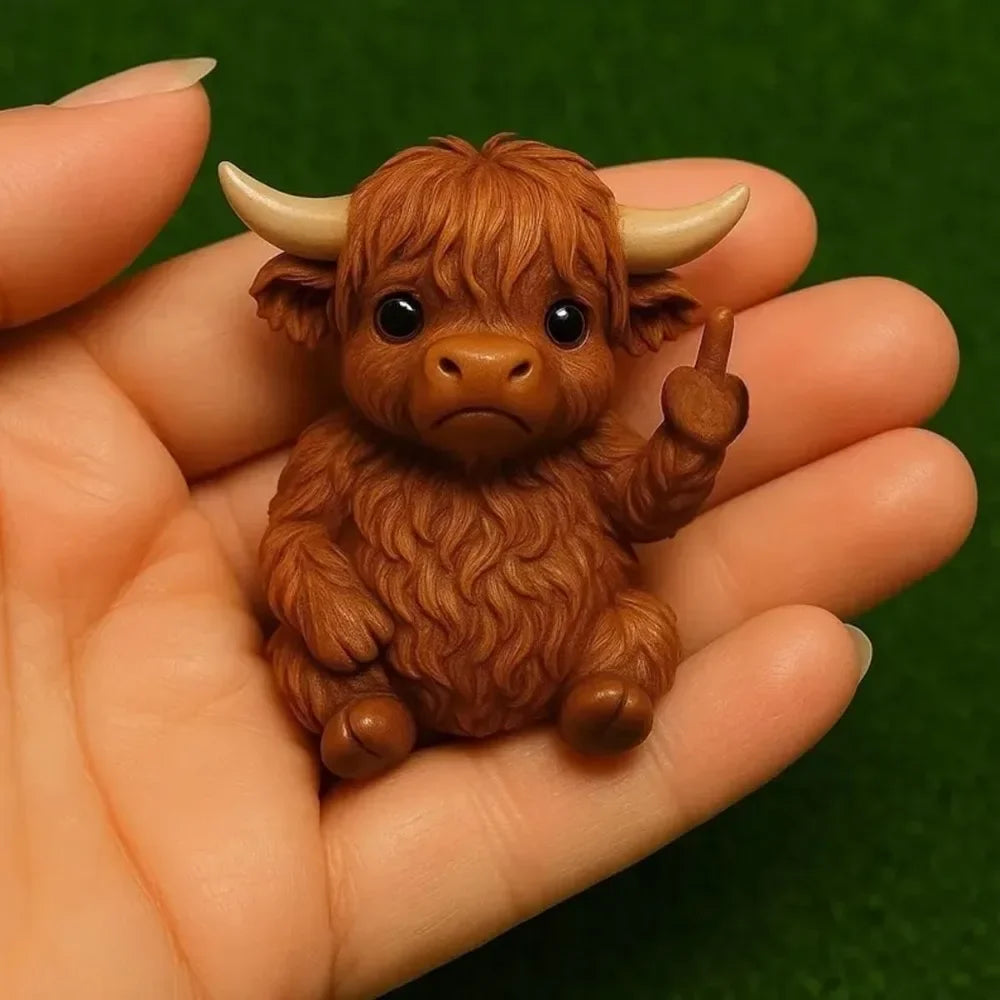 A small, brown resin animal statue resembling a baby bovine with horns and a raised finger is held in a person's hand.