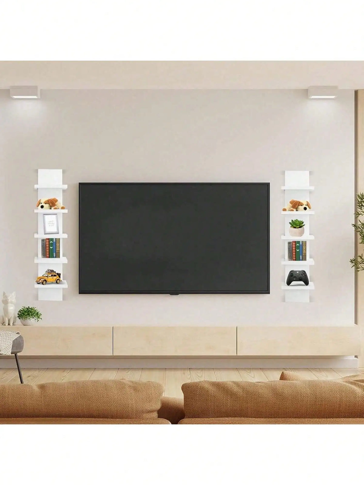 A modern white five-tier vertical wall shelf displaying various decorative items and books above a television.