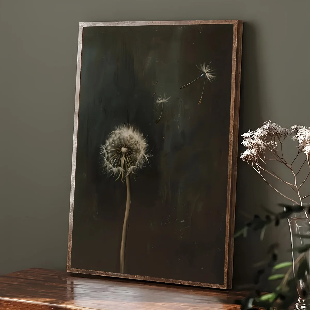 Abstract canvas art featuring dried dandelion seed heads and delicate stems on a dark background.