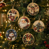 Christmas diamond painting ornaments featuring Santa, a snowman, and a reindeer hanging on a green fir tree.
