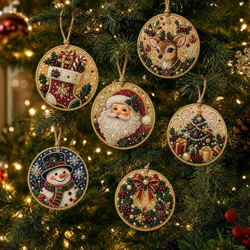 Christmas diamond painting ornaments featuring Santa, a snowman, and a reindeer hanging on a green fir tree.