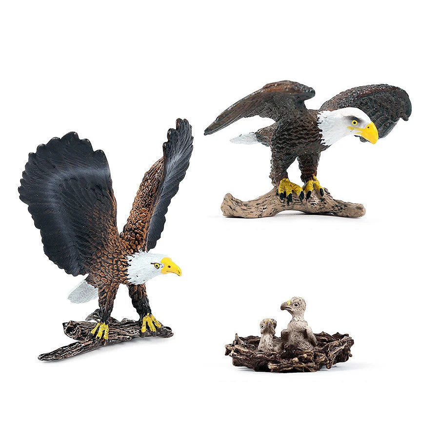 A set of realistic birds of prey figurines featuring an owl, vulture, and bald eagle.
