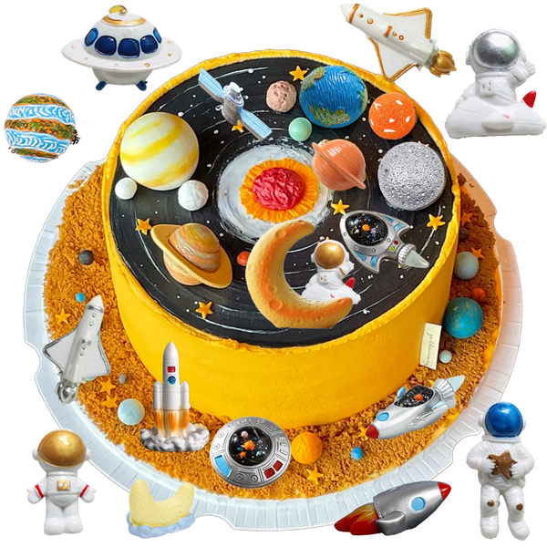 A yellow cake decorated with miniature astronaut figures, space planets, and rocket shapes.