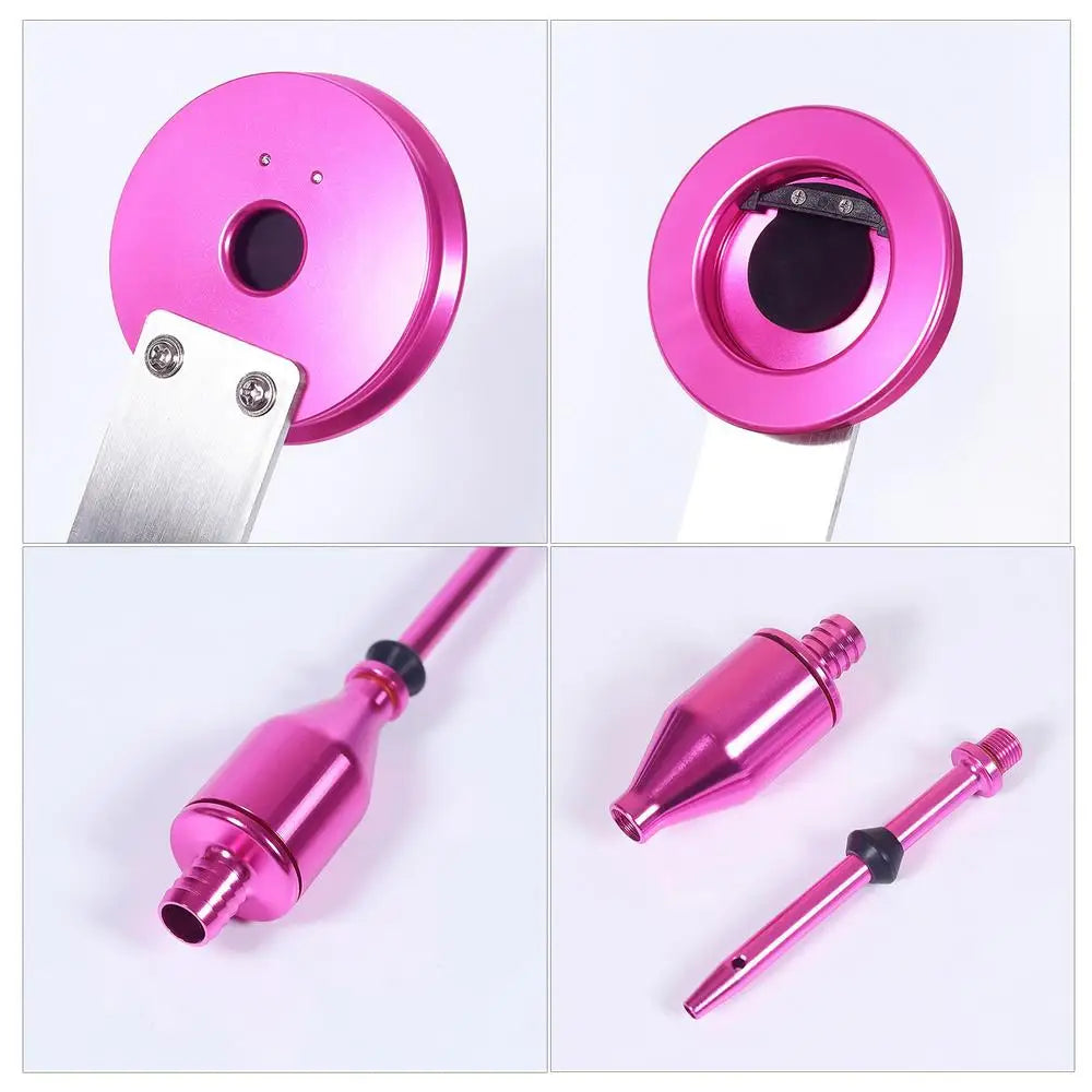A pink balloon stuffing tool kit featuring a metal inflator and various components for inflating balloons.