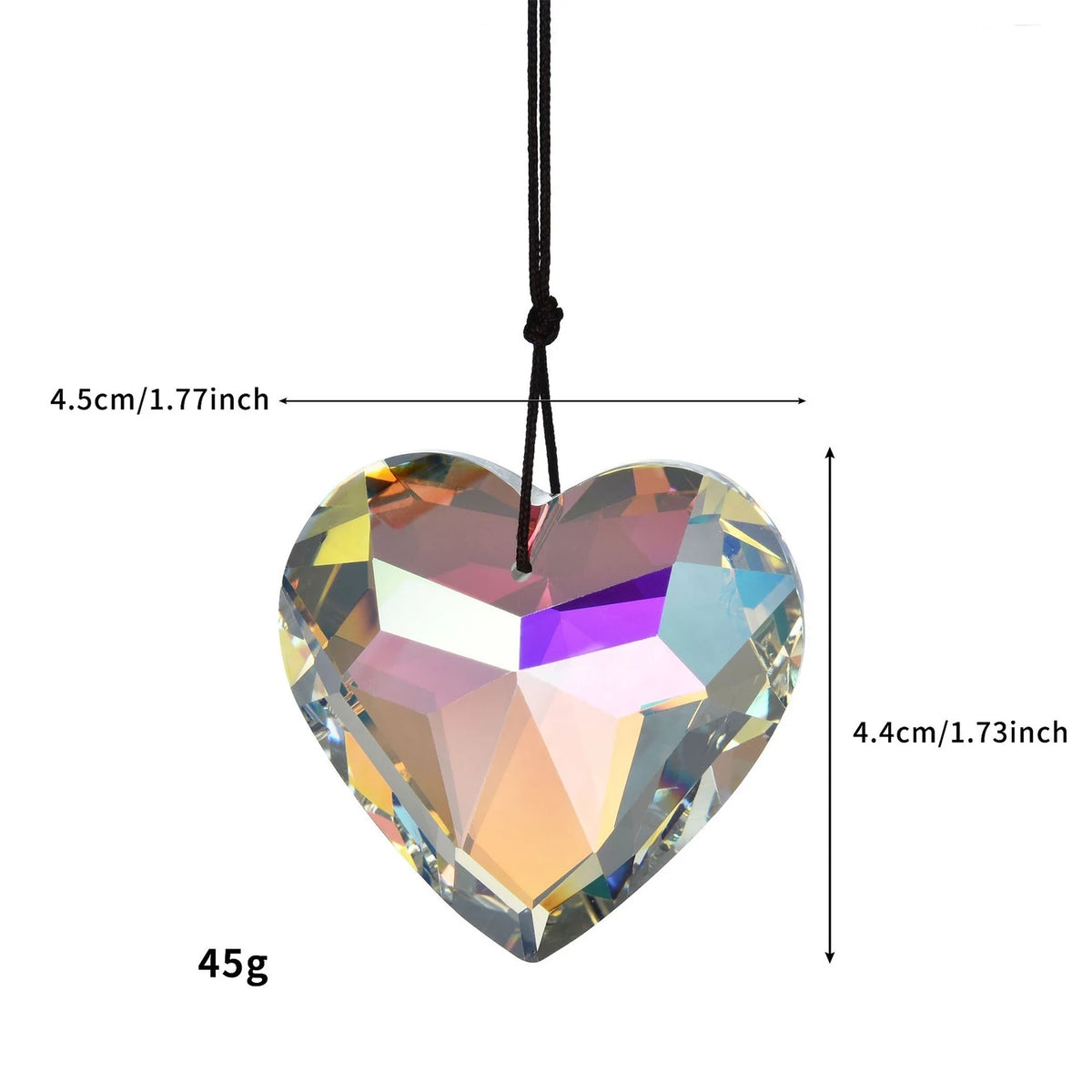 A heart-shaped pendant made of iridescent rainbow-colored glass, suspended by a black cord.