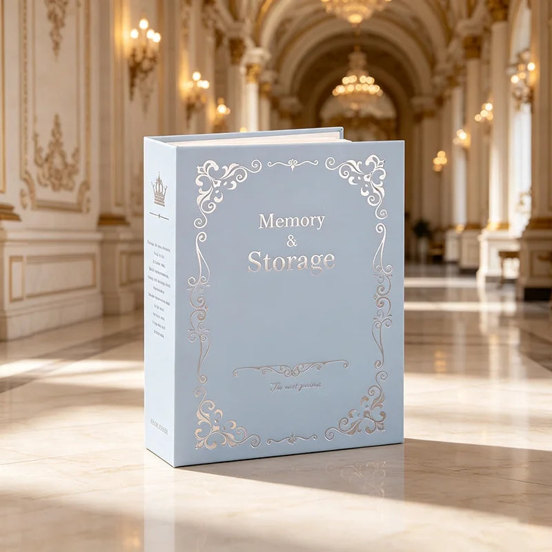 A light blue photo album with gold foil detailing sits on a polished marble floor in a grand, ornate hall.