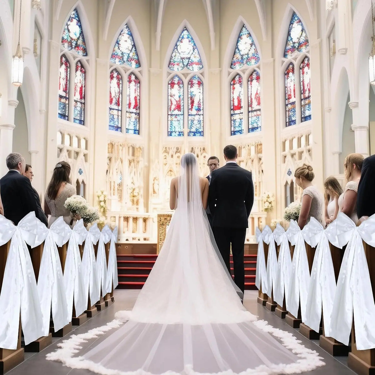 Un couple marié se tient dans une allée d'église décorée de nœuds en tissu blanc et de vitraux.