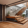 Interior moderno con escalera de madera y pared divisoria de vidrio con perfil impermeable autoadhesivo.