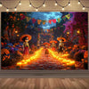 A vibrant Day of the Dead backdrop featuring a path lined with candles and sugar skulls under colorful festive bunting.