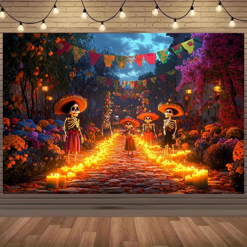 A vibrant Day of the Dead backdrop featuring a path lined with candles and sugar skulls under colorful festive bunting.