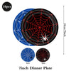 A set of 10 spider web plates, featuring black and blue designs, for a 7 inch dinner plate.