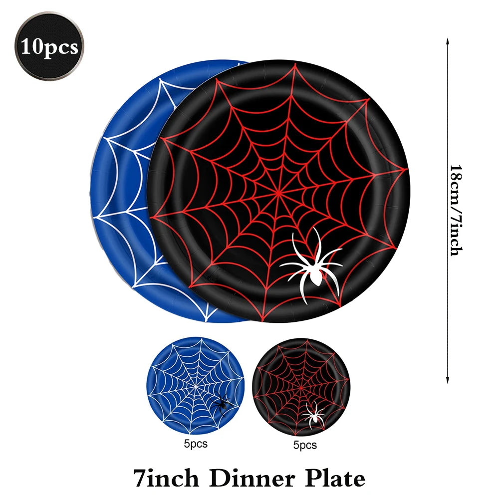 A set of 10 spider web plates, featuring black and blue designs, for a 7 inch dinner plate.