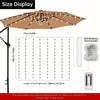 A beige patio umbrella light with a solar-powered canopy and multiple LED lights is shown alongside battery components.