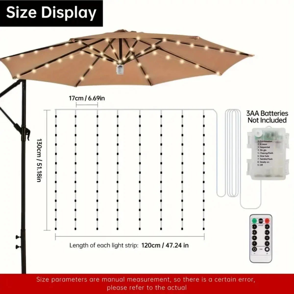 A beige patio umbrella light with a solar-powered canopy and multiple LED lights is shown alongside battery components.