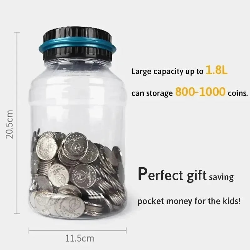 A clear plastic bottle filled with silver coins, demonstrating its large capacity and suitability as a gift saving money for 