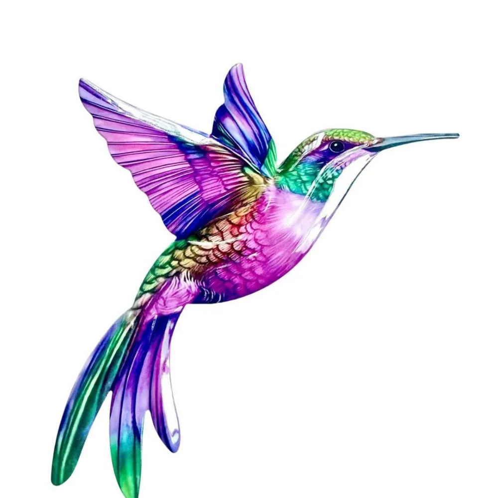 Vibrant purple and green vintage metal hummingbird wall art with iridescent wings