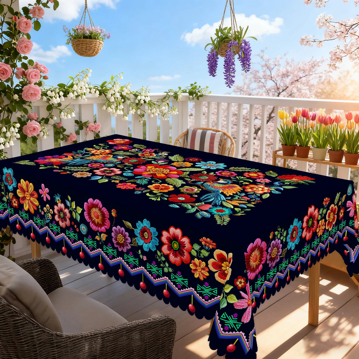 A vibrant Mexican carnival printed tablecloth displayed on a wooden table outdoors.