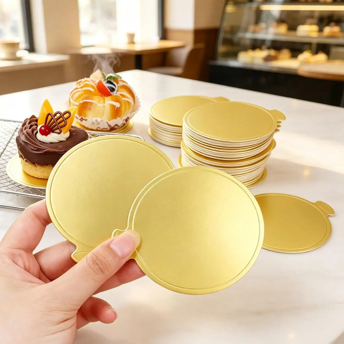 Une main tient un plateau de dessert jaune réutilisable, empilé avec d'autres plateaux similaires sur une table blanche.