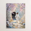 A painting depicting Jesus Christ walking down a path amidst pink blossoms and soft light.