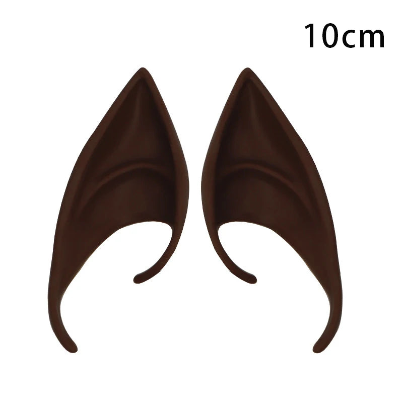 A pair of realistic brown latex elf ears for cosplay and costume parties, shown against a white background.
