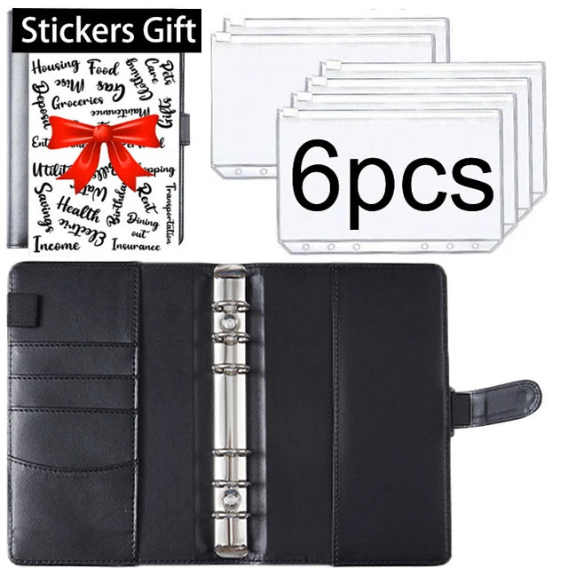A set of stickers with a red bow and a black leather budget planner binder for cash envelopes and expense sheets