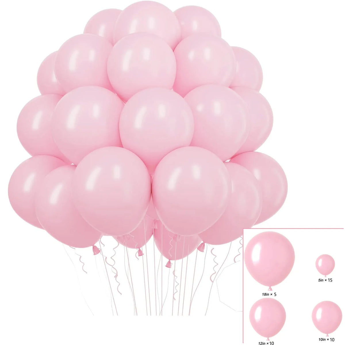 A bunch of pastel pink balloons in various sizes, including 5 inch and 10 inch balloons.