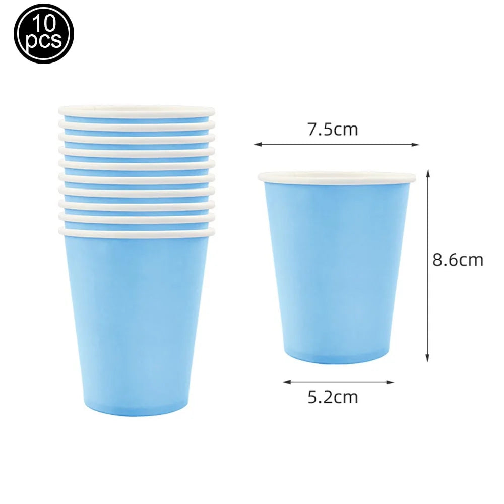 Ten blue disposable paper cups with white rims and lids shown in a vertical arrangement.