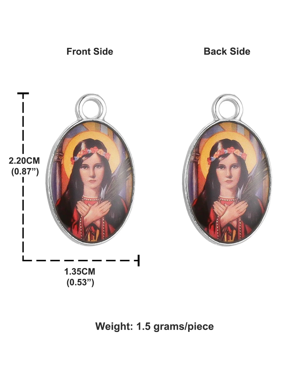 Vue de devant et de dos d'un pendentif chrétien Saint-Michel de la Miséricorde argenté, représentant une femme avec une couro