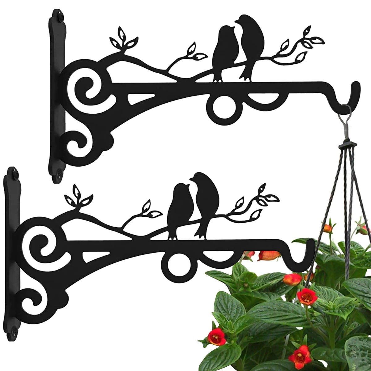 Black vintage iron wall hooks featuring birds and leaves for plant and garden decor