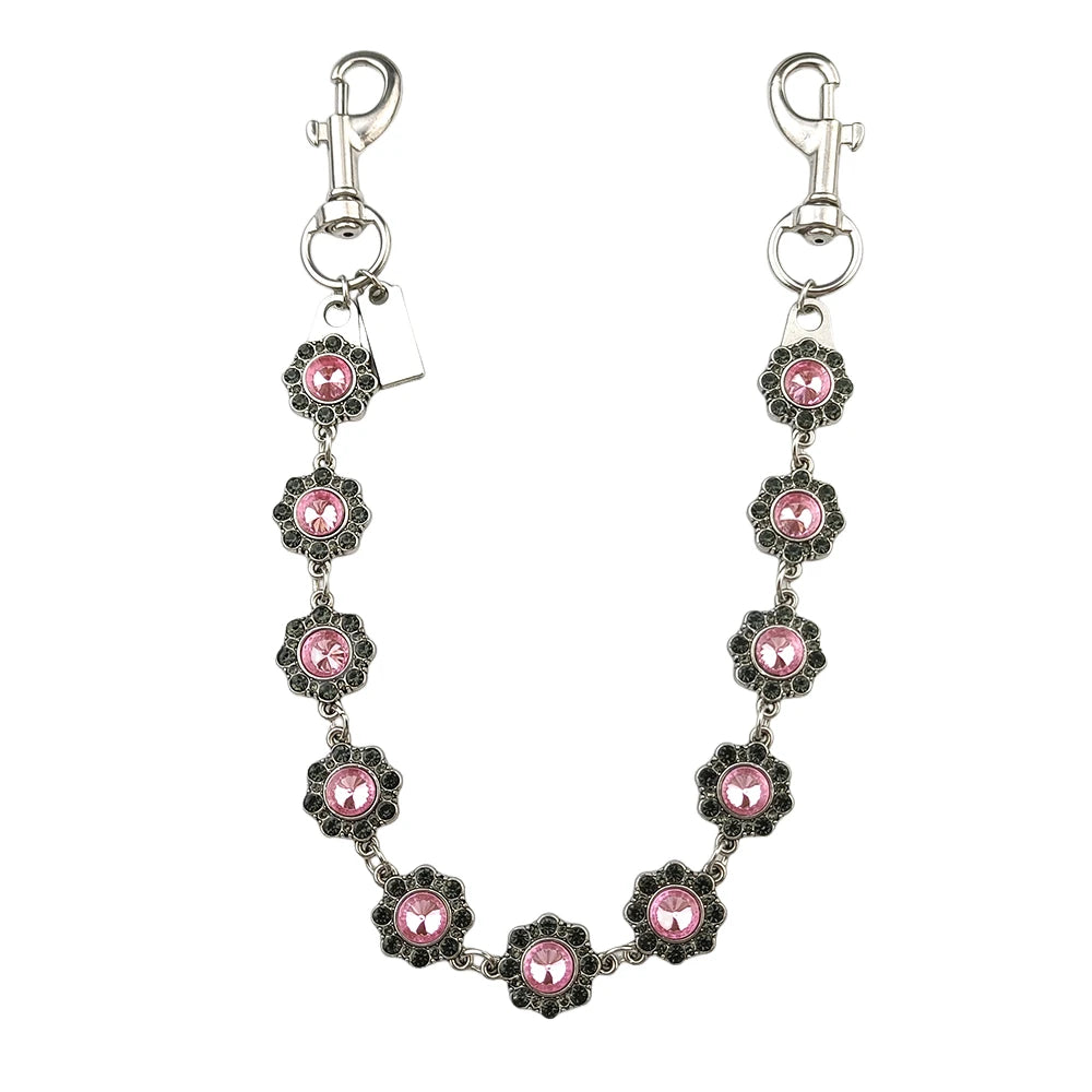 Silver paperclip chain bag strap with pink floral accents and a lobster clasp.