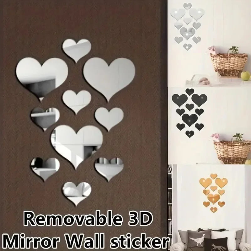Removable 3D mirror wall sticker set featuring various heart shapes in silver and black finishes